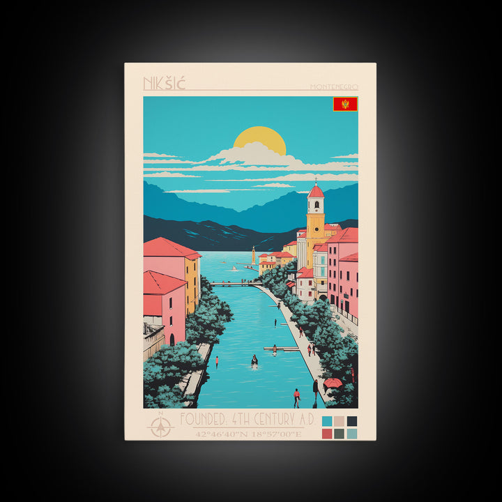 Nikšić Montenegro Travel Poster Framed Canvas Print, Midcentury Modern Art, Pop Art Wall Decor, Home Decor, Vacation Gift, Bedroom Art
