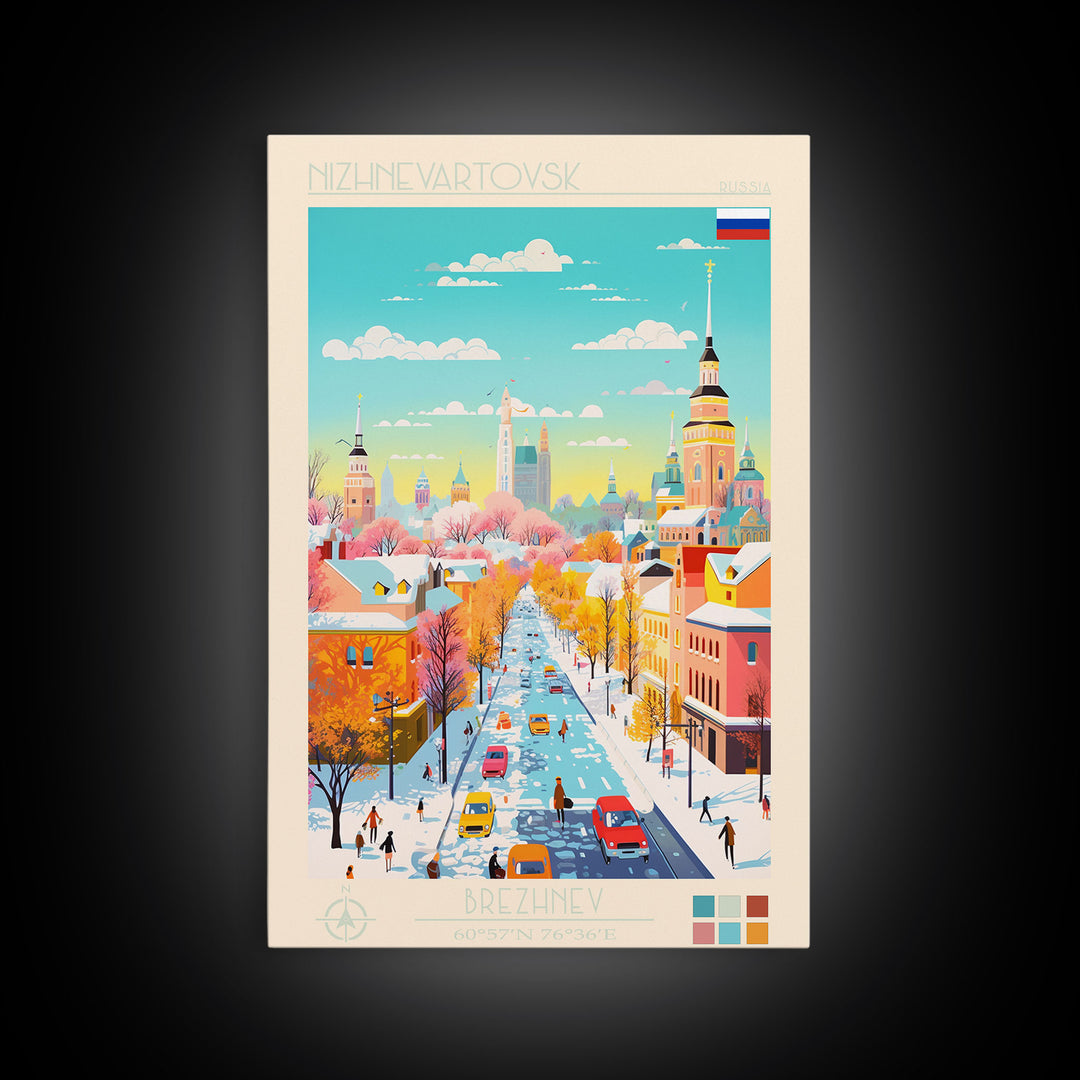 Nizhnevartovsk Russia Travel Poster Framed Canvas Print, Midcentury Modern Art, Pop Art Wall Decor, Scenic Wall Art, Living Room Decoration, Office Art