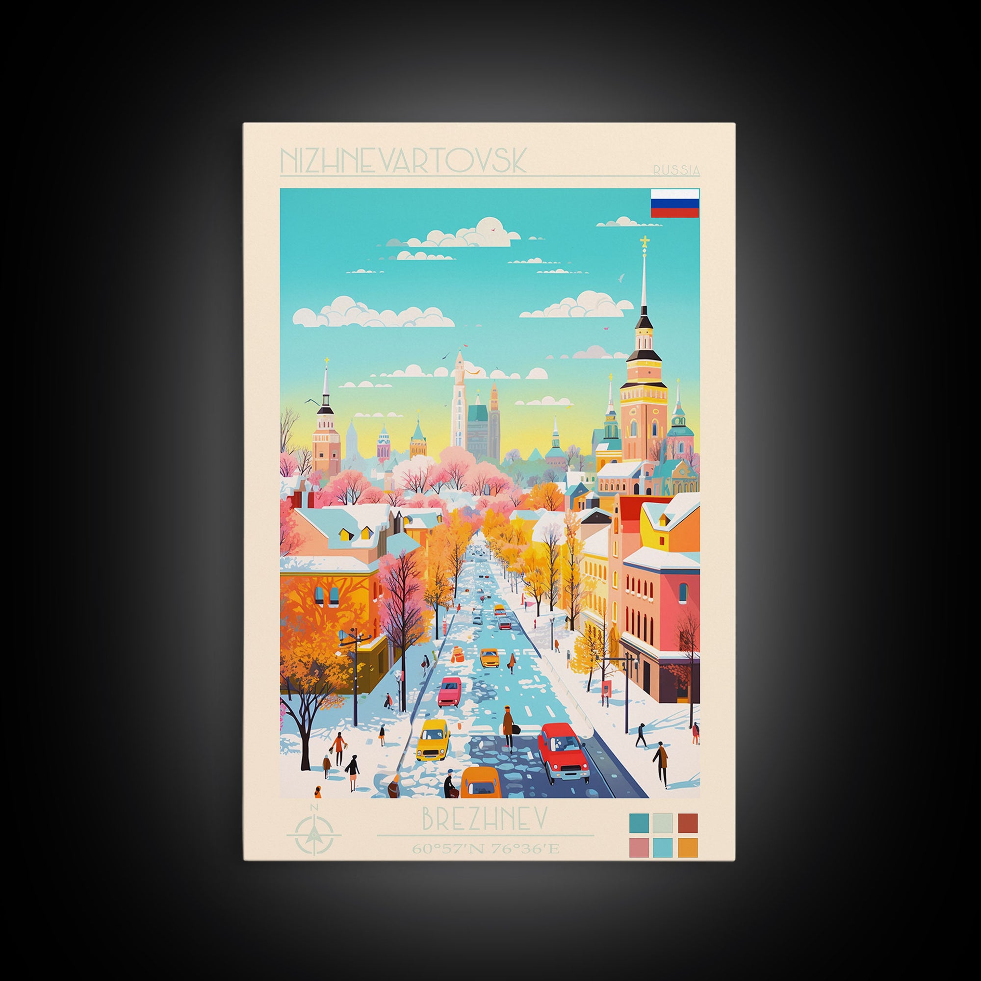 Nizhnevartovsk Russia Travel Poster Framed Canvas Print, Midcentury Modern Art, Pop Art Wall Decor, Scenic Wall Art, Living Room Decoration, Office Art