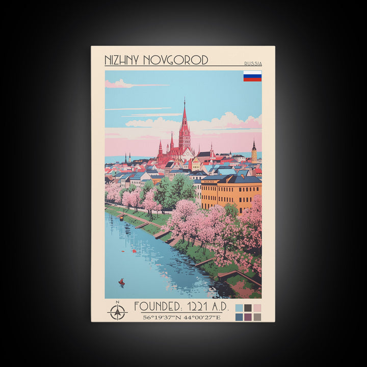 Nizhny Novgorod Russia Travel Poster Framed Canvas Print, Midcentury Modern Art, Pop Art Wall Decor, Scenic Bedroom Art, Office Decoration