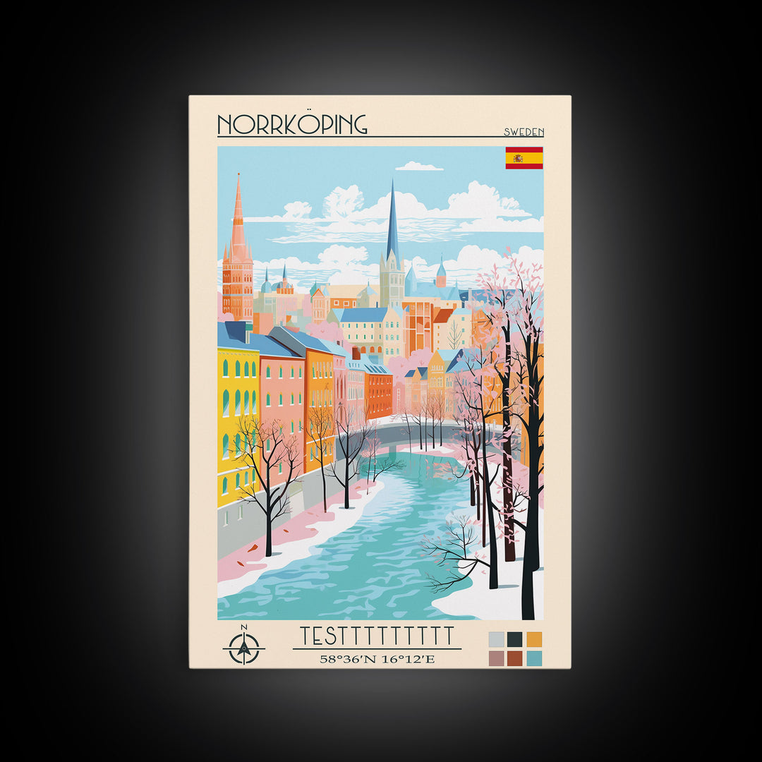 Norrköping Sweden Travel Poster Framed Canvas Print, Midcentury Modern Art, Pop Art Wall Decor, Home Decor, Vacation Gift, Office Art