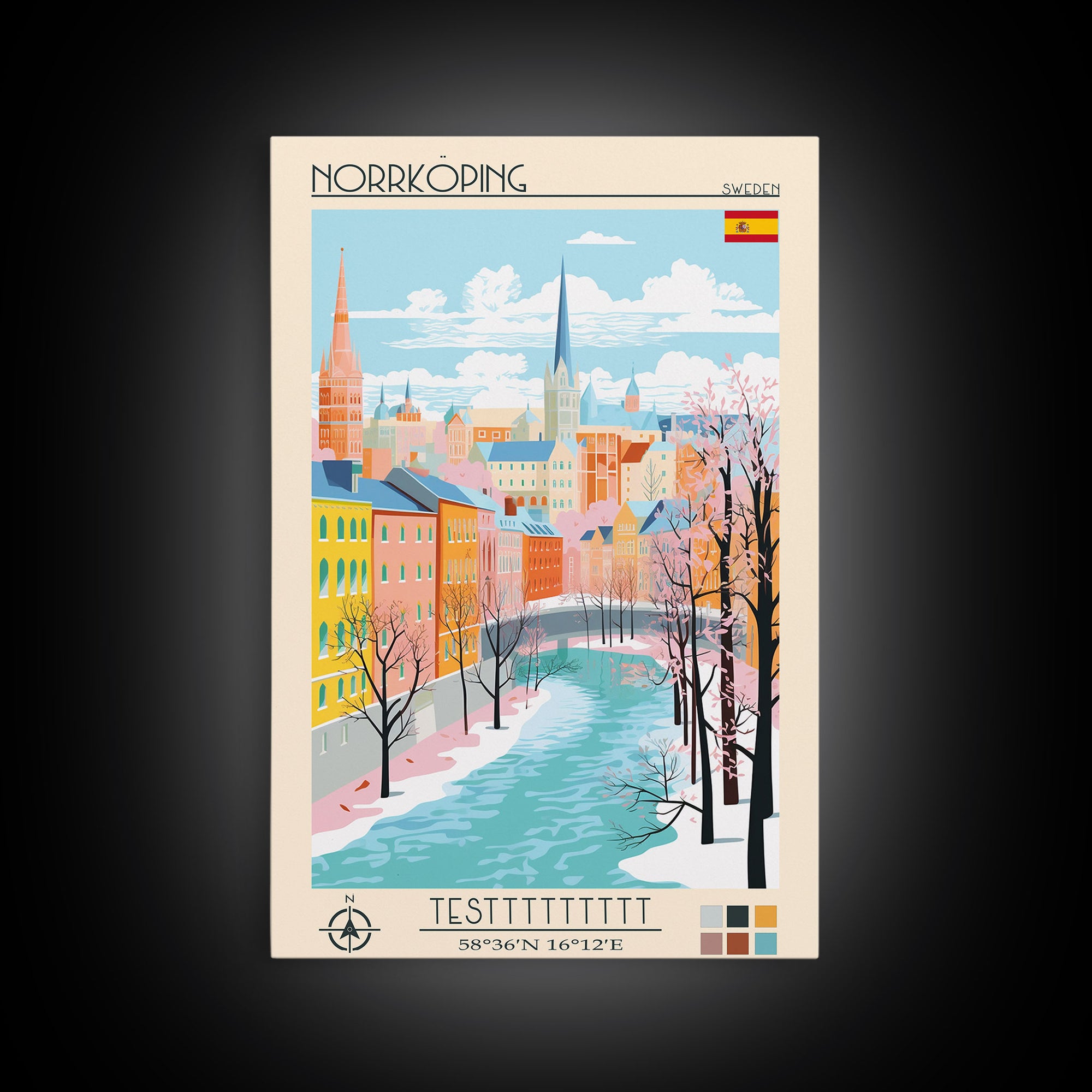 Norrköping Sweden Travel Poster Framed Canvas Print, Midcentury Modern Art, Pop Art Wall Decor, Home Decor, Vacation Gift, Office Art