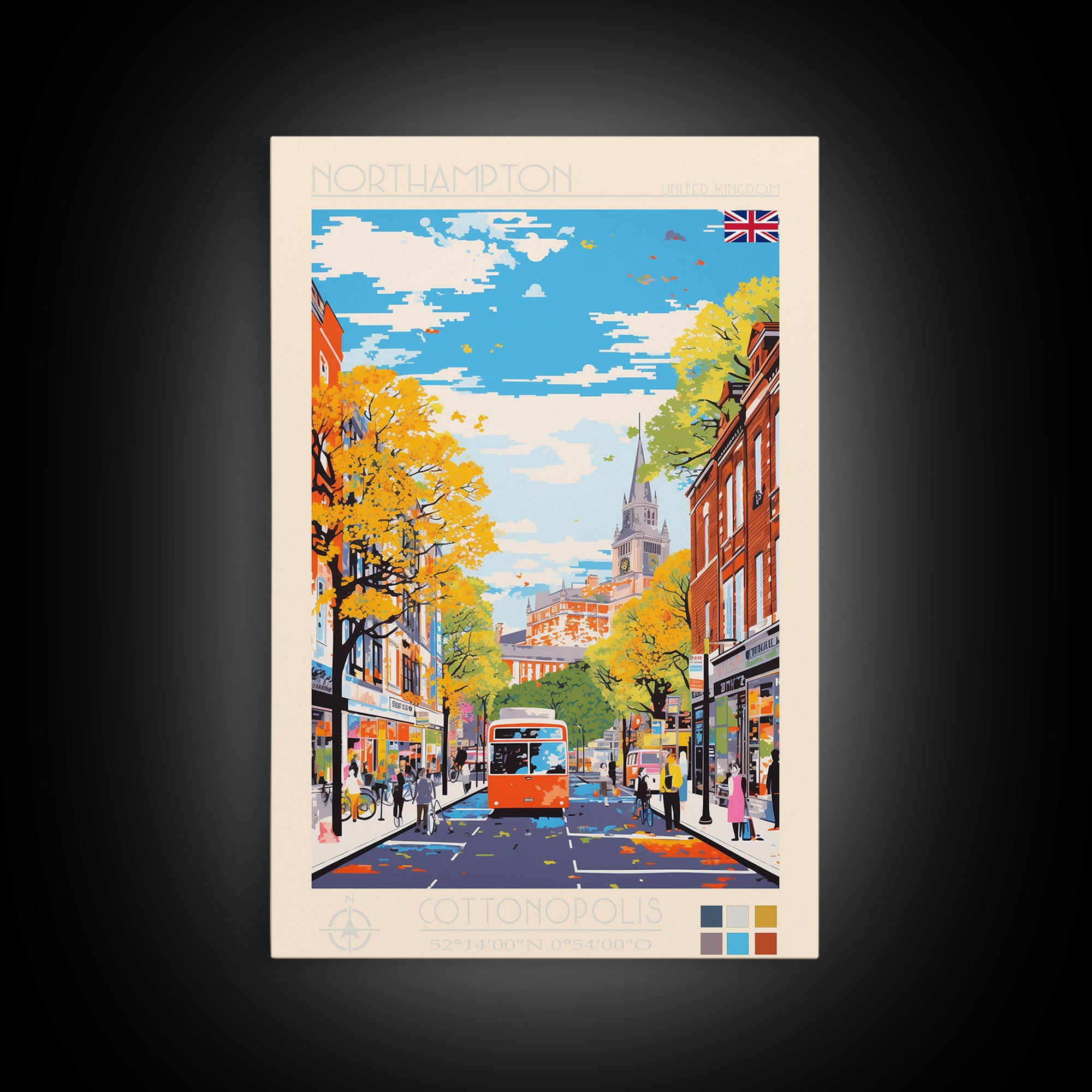 Northampton United Kingdom Travel Poster Framed Canvas Print, Midcentury Modern Art, Pop Art Wall Decor, Scenic Living Room Art, Bedroom Gift
