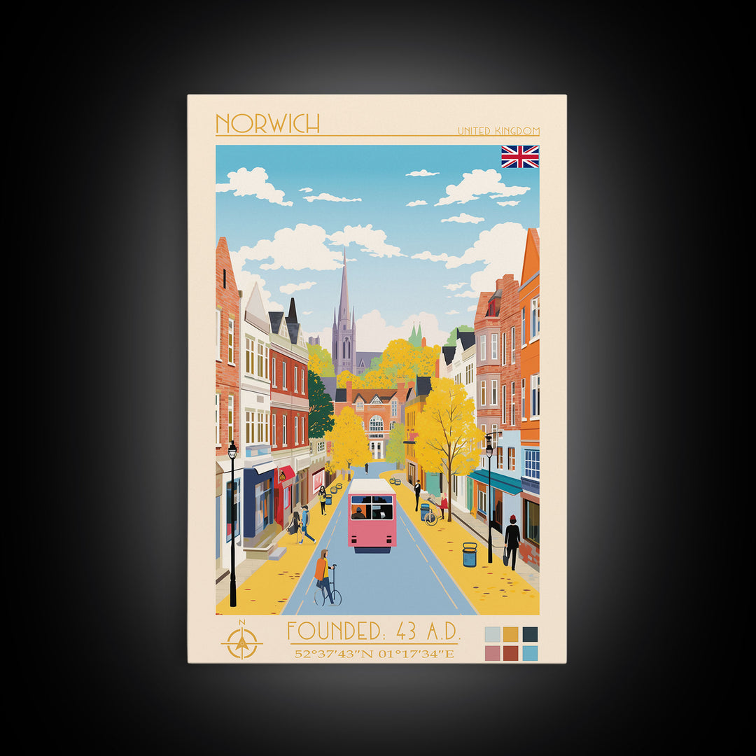 Norwich United Kingdom Travel Poster Framed Canvas Print, Midcentury Modern Art, Pop Art Wall Decor, Scenic Wall Art, Living Room Decoration, Office Art