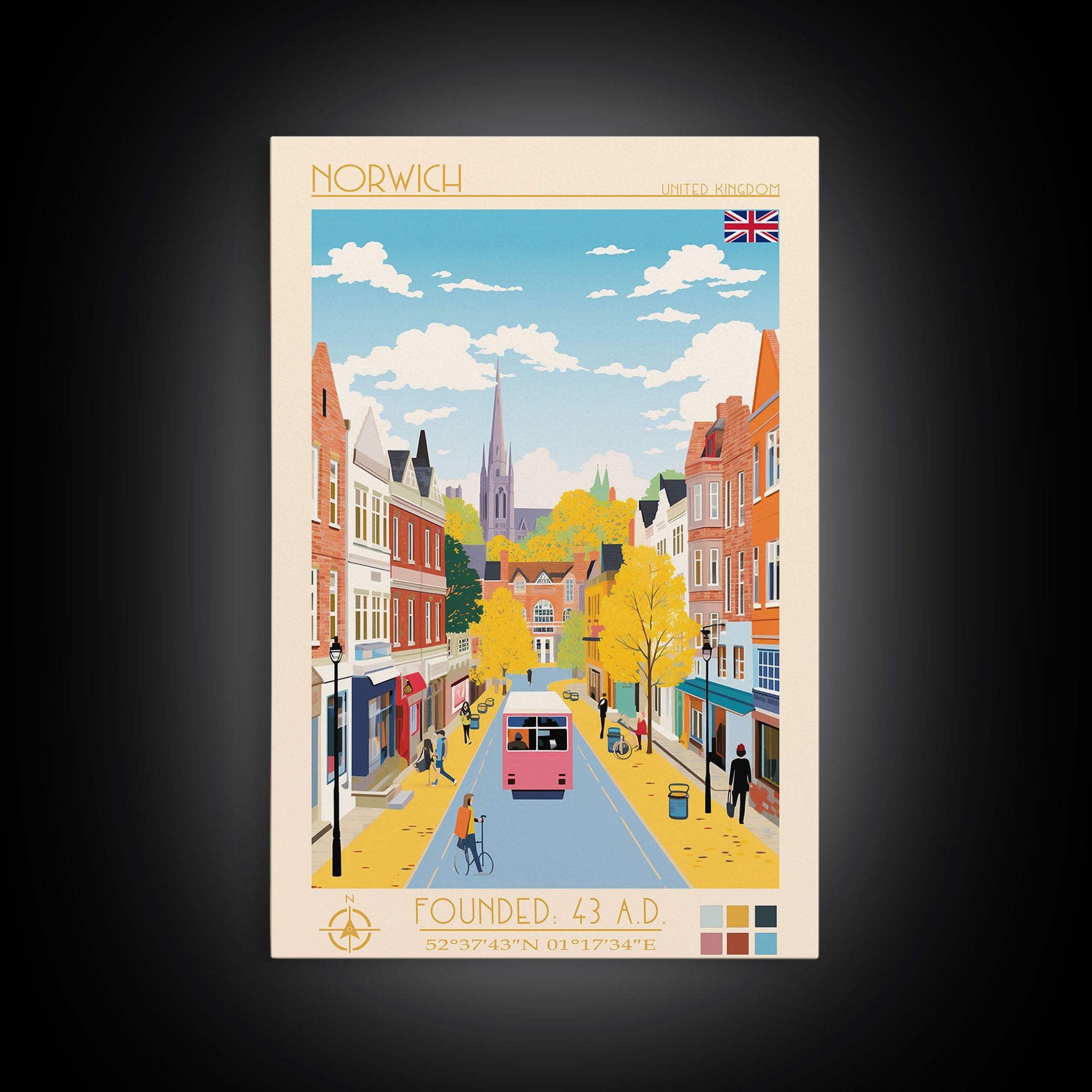 Norwich United Kingdom Travel Poster Framed Canvas Print, Midcentury Modern Art, Pop Art Wall Decor, Scenic Wall Art, Living Room Decoration, Office Art