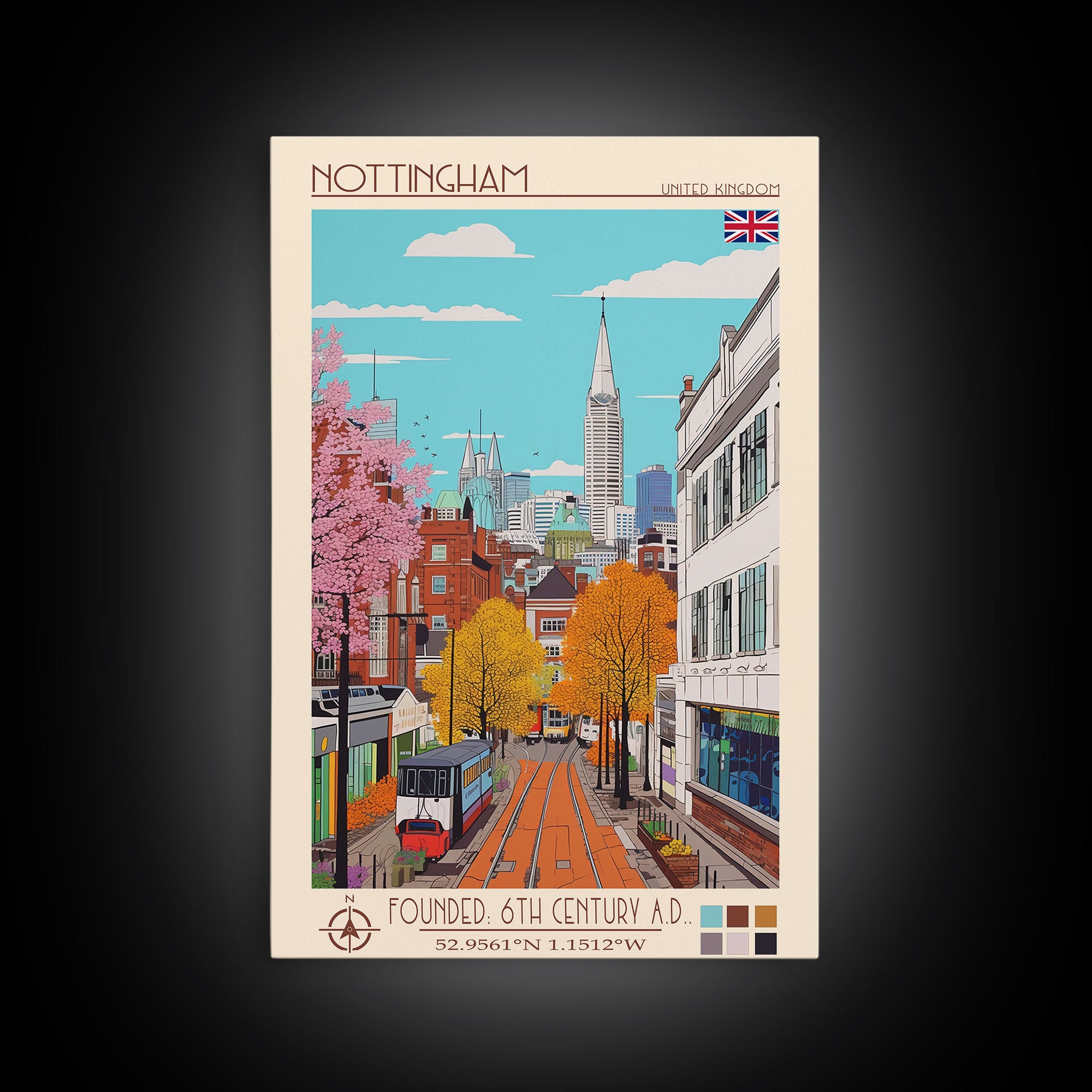 Nottingham United Kingdom Travel Poster Framed Canvas Print, Midcentury Modern Art, Pop Art Wall Decor, Home Decor, Vacation Gift, Bedroom Art
