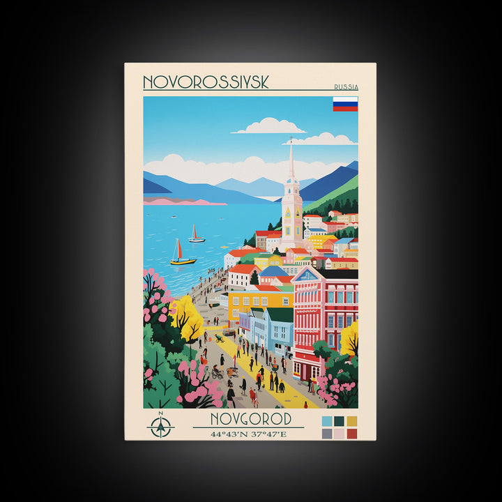 Novorossiysk Russia Travel Poster Framed Canvas Print, Midcentury Modern Art, Pop Art Wall Decor, Scenic Bedroom Art, Office Decoration