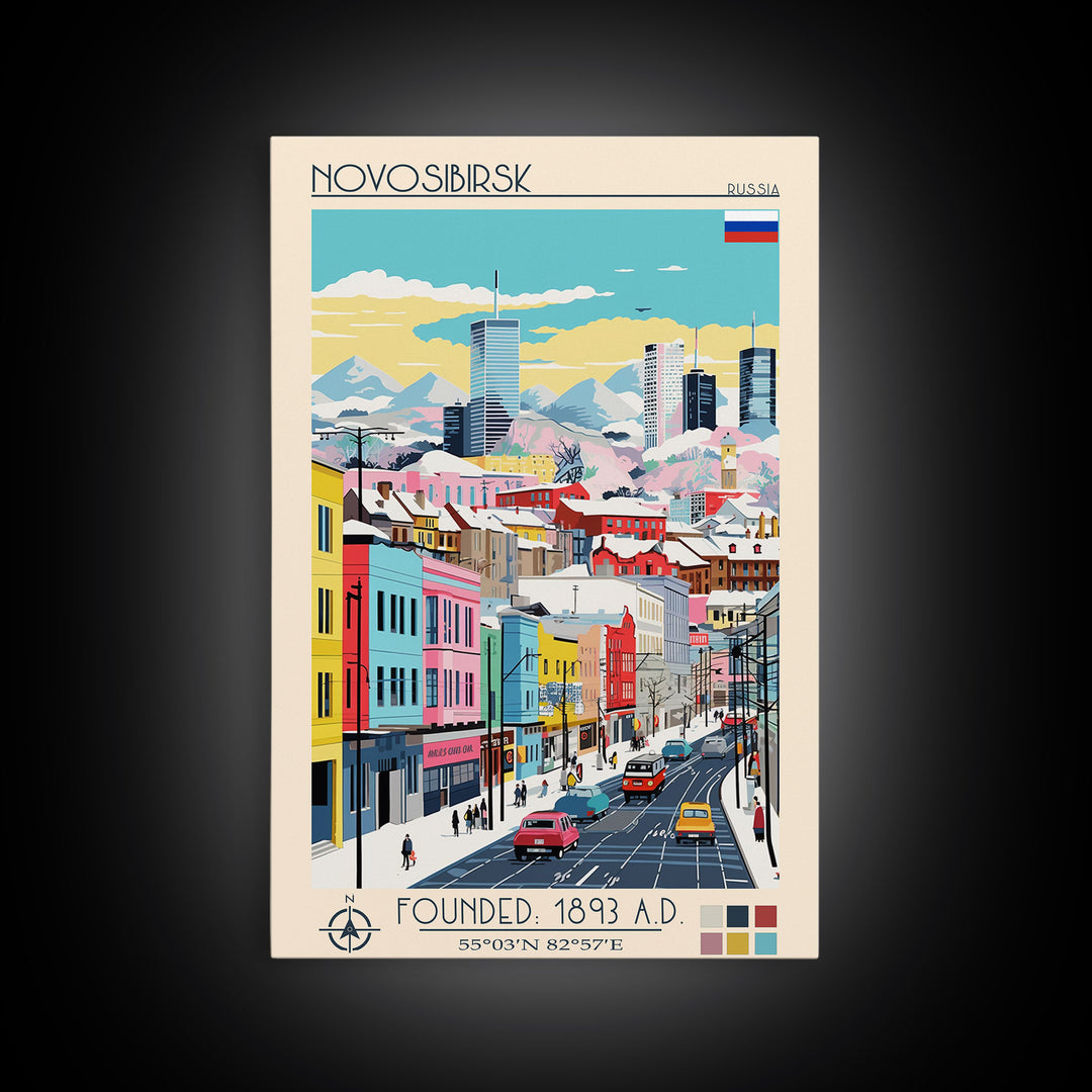 Novosibirsk Russia Travel Poster Framed Canvas Print, Midcentury Modern Art, Pop Art Wall Decor, Scenic Living Room Art, Bedroom Decor