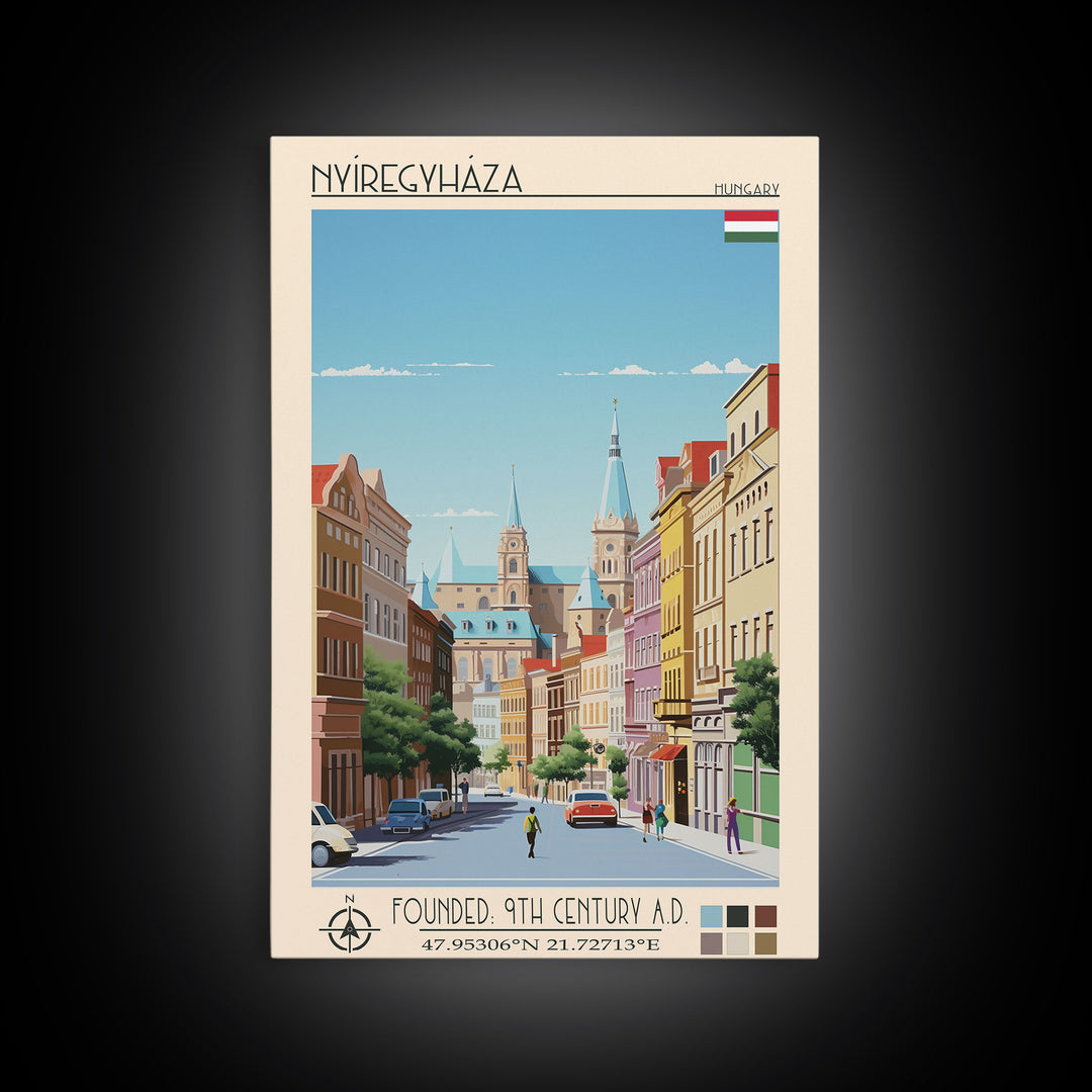 Nyíregyháza Hungary Travel Poster Framed Canvas Print, Midcentury Modern Art, Pop Art Wall Decor, Home Decor, Vacation Gift, Office Art