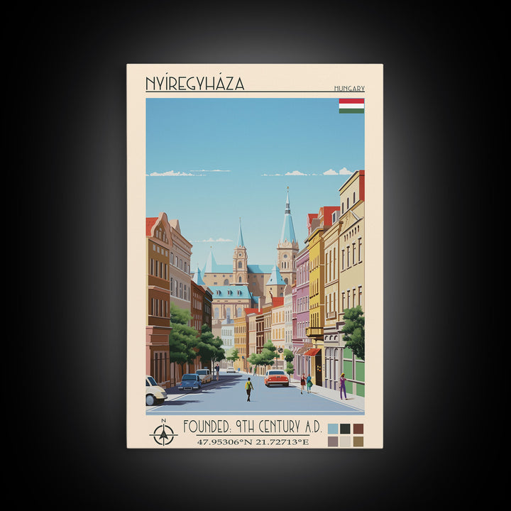 Nyíregyháza Hungary Travel Poster Framed Canvas Print, Midcentury Modern Art, Pop Art Wall Decor, Home Decor, Vacation Gift, Office Art
