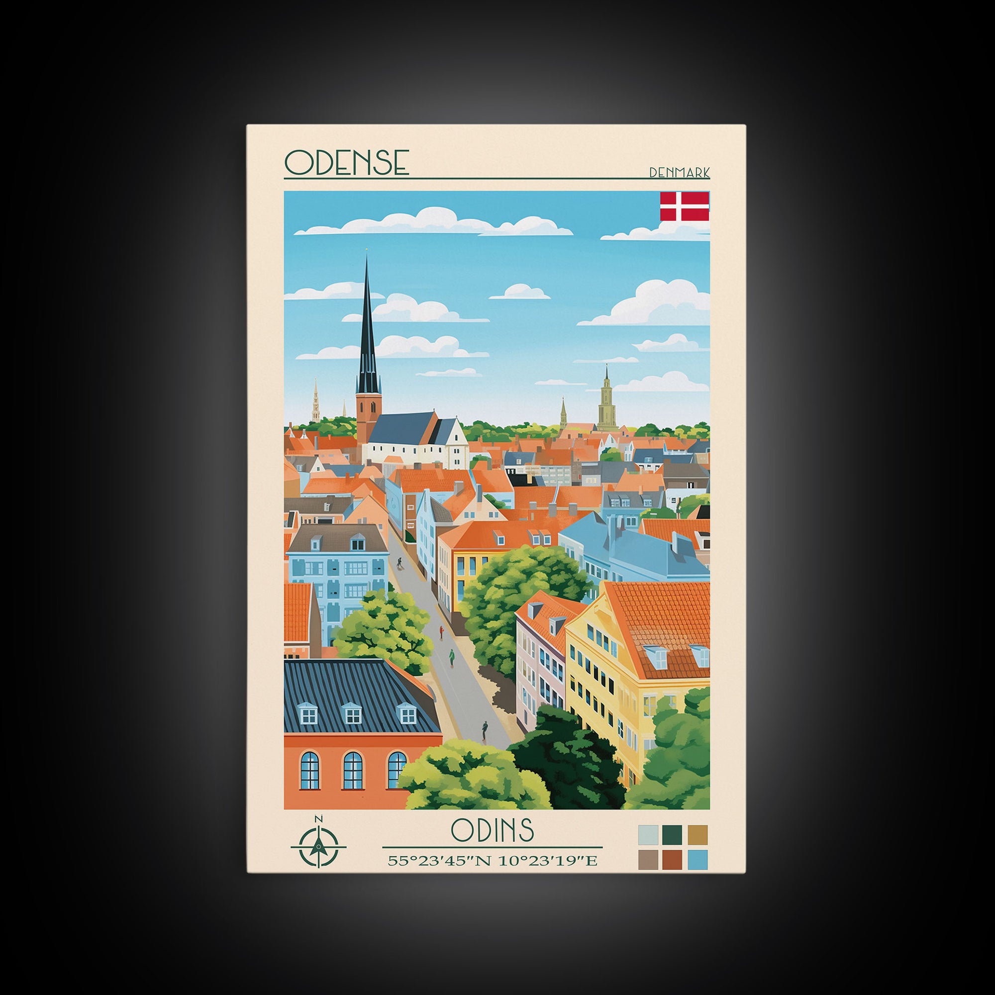 Odense Denmark Travel Poster Framed Canvas Print, Midcentury Modern Art, Pop Art Wall Decor, Scenic Wall Art, Living Room Decoration, Office Art