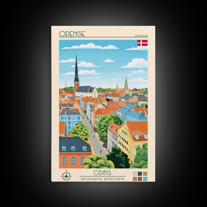 Odense Denmark Travel Poster Framed Canvas Print, Midcentury Modern Art, Pop Art Wall Decor, Scenic Wall Art, Living Room Decoration, Office Art