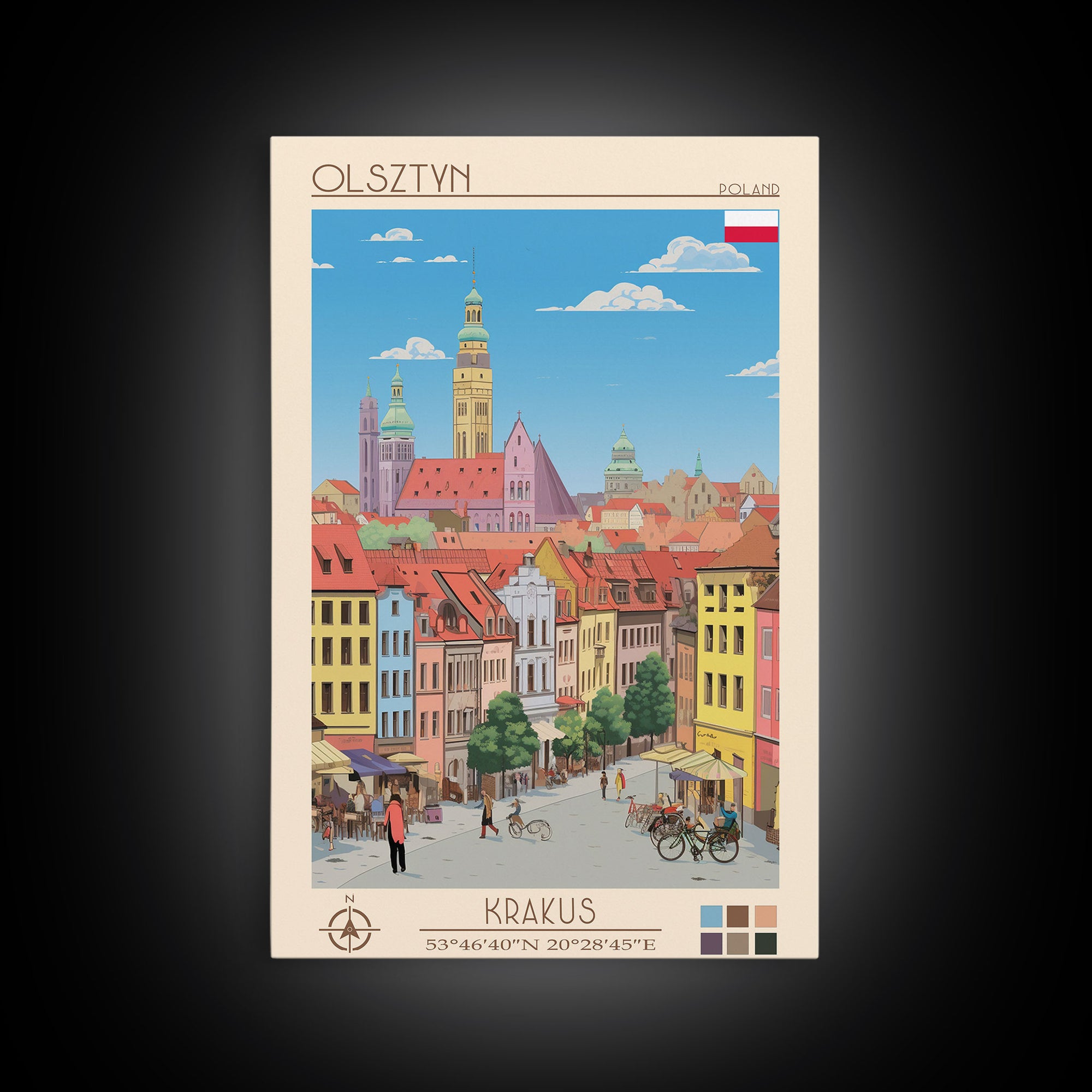 Olsztyn Poland Travel Poster Framed Canvas Print, Midcentury Modern Art, Pop Art Wall Decor, Scenic Wall Art, Bedroom Decoration