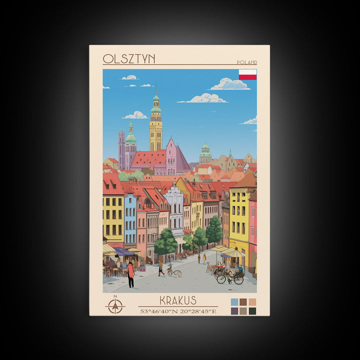 Olsztyn Poland Travel Poster Framed Canvas Print, Midcentury Modern Art, Pop Art Wall Decor, Scenic Wall Art, Bedroom Decoration