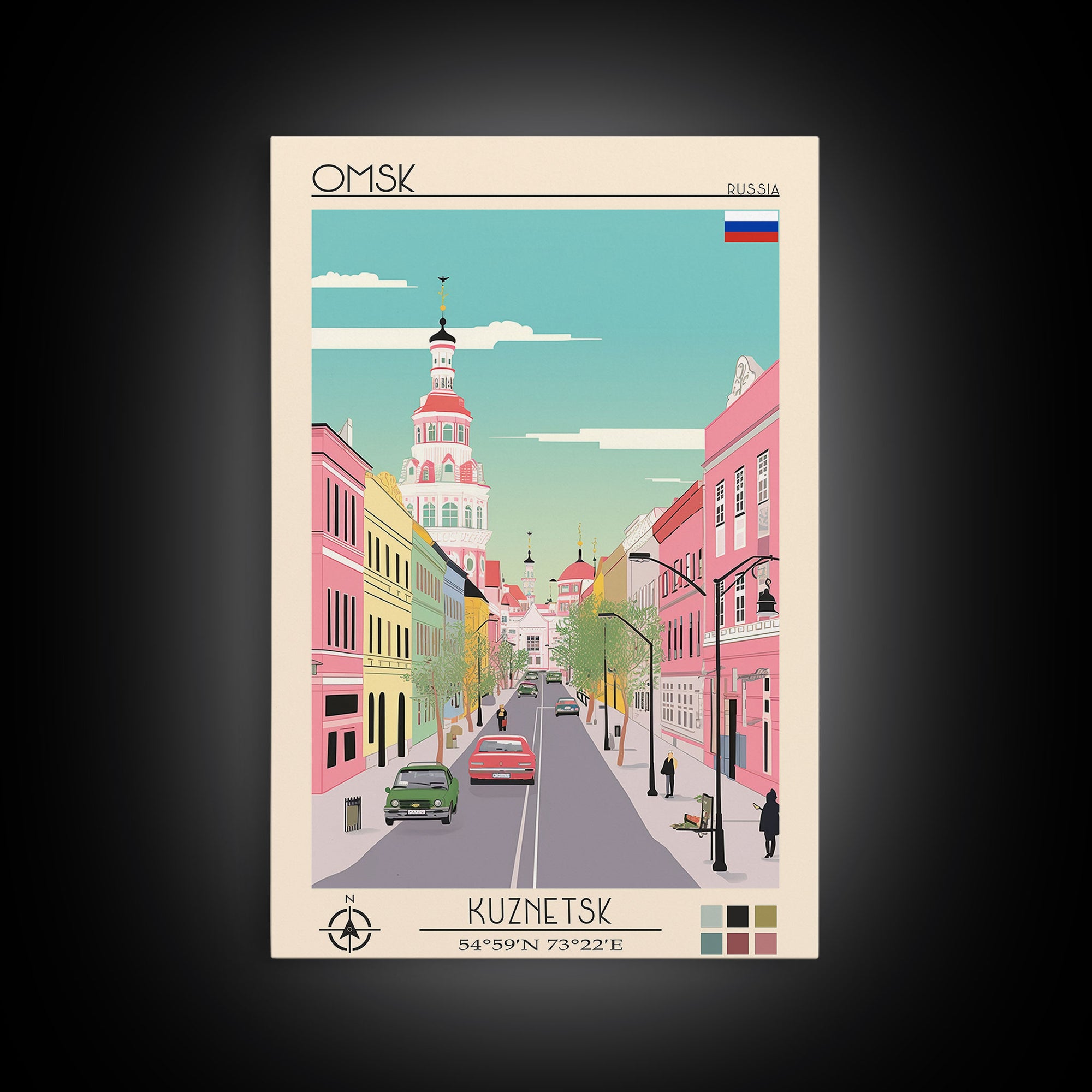 Omsk Russia Travel Poster Framed Canvas Print, Midcentury Modern Art, Pop Art Wall Decor, Scenic Wall Art, Living Room Decoration, Office Art