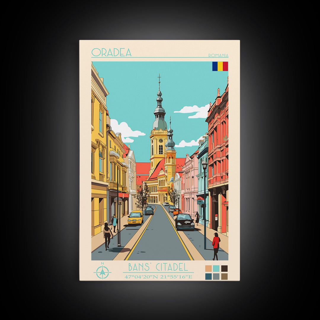 Oradea Romania Travel Poster Framed Canvas Print, Midcentury Modern Art, Pop Art Wall Decor, Scenic Bedroom Art, Office Decoration
