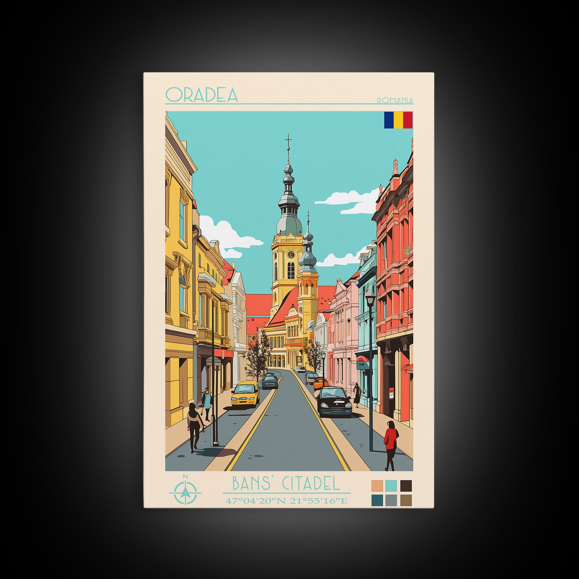 Oradea Romania Travel Poster Framed Canvas Print, Midcentury Modern Art, Pop Art Wall Decor, Scenic Bedroom Art, Office Decoration
