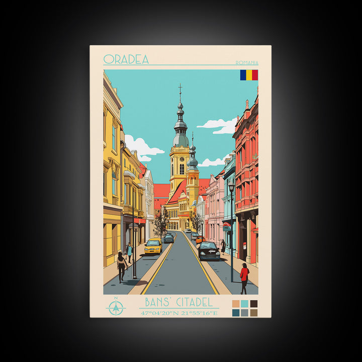 Oradea Romania Travel Poster Framed Canvas Print, Midcentury Modern Art, Pop Art Wall Decor, Scenic Bedroom Art, Office Decoration