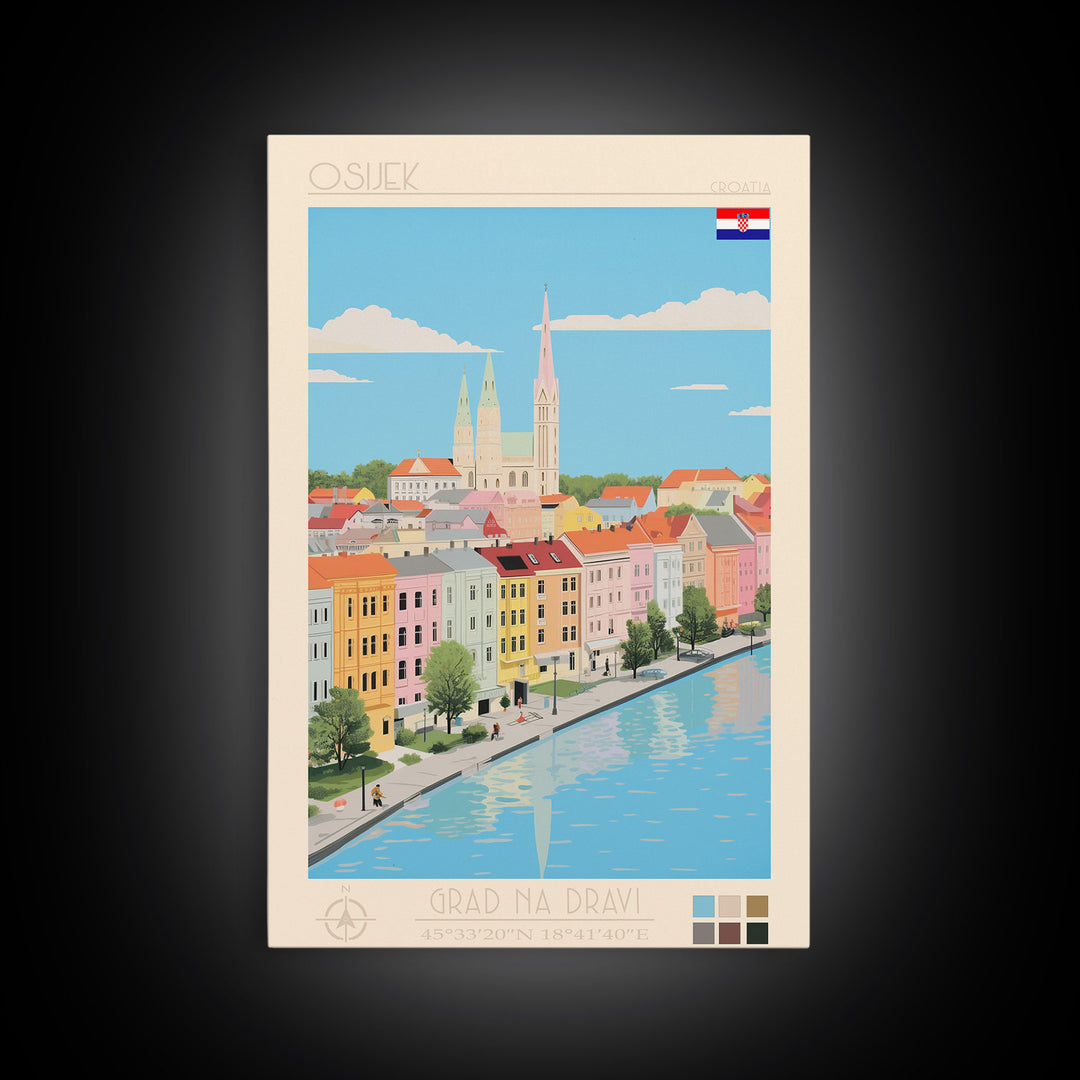 Osijek Croatia Travel Poster Framed Canvas Print, Midcentury Modern Art, Pop Art Wall Decor, Home Decor, Vacation Gift, Office Art