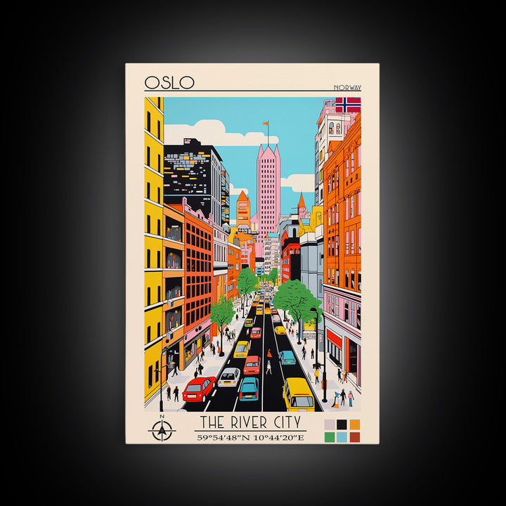 Oslo Norway Travel Poster Framed Canvas Print, Midcentury Modern Art, Pop Art Wall Decor, Scenic Living Room Art, Bedroom Gift