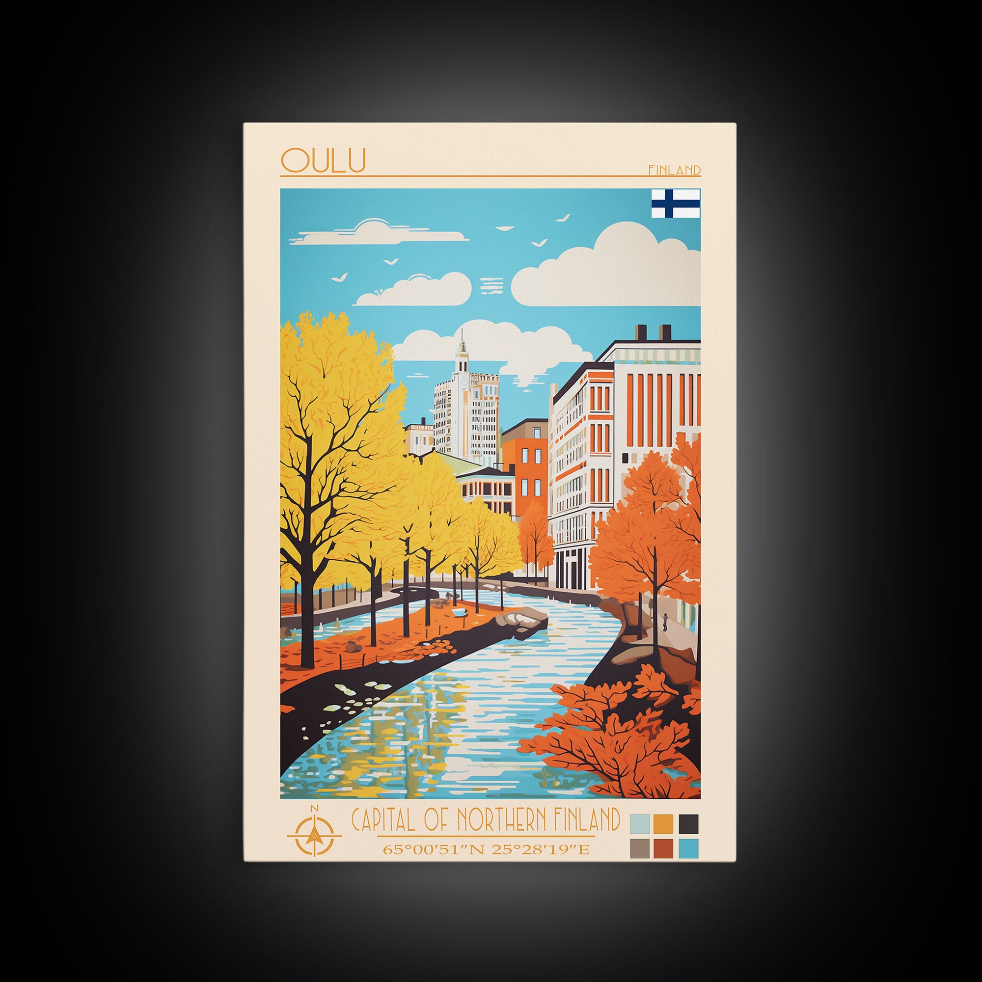 Oulu Finland Travel Poster Framed Canvas Print, Midcentury Modern Art, Pop Art Wall Decor, Scenic Wall Art, Living Room Decoration, Office Gift