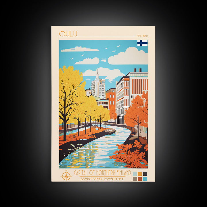 Oulu Finland Travel Poster Framed Canvas Print, Midcentury Modern Art, Pop Art Wall Decor, Scenic Wall Art, Living Room Decoration, Office Gift