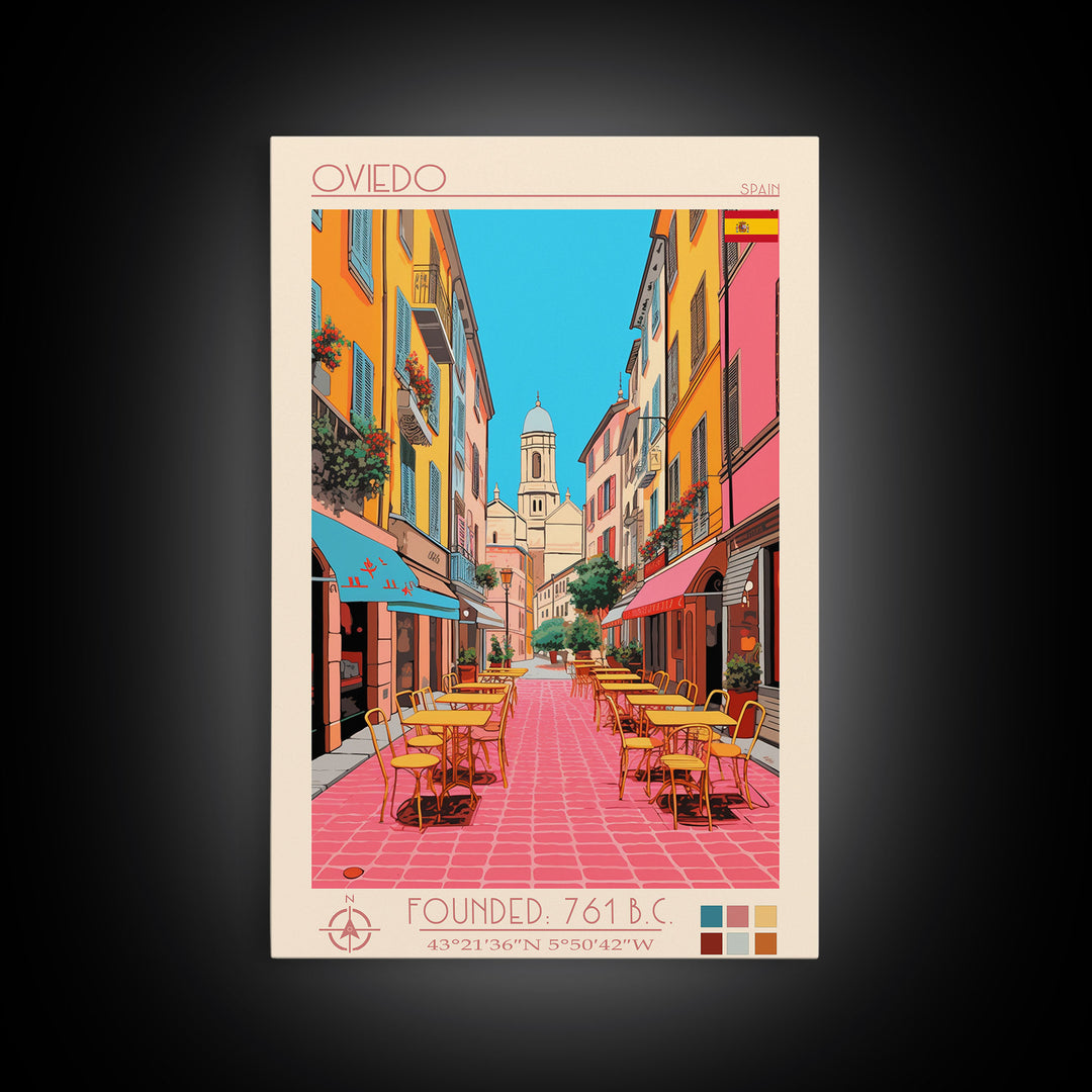 Oviedo Spain Travel Poster Framed Canvas Print, Midcentury Modern Art, Pop Art Wall Decor, Scenic Wall Art, Bedroom Decoration