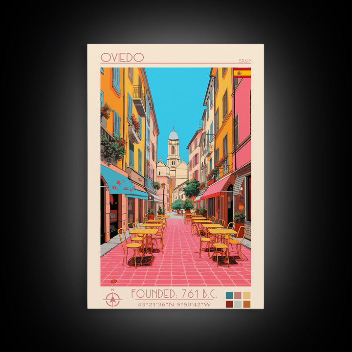 Oviedo Spain Travel Poster Framed Canvas Print, Midcentury Modern Art, Pop Art Wall Decor, Scenic Wall Art, Bedroom Decoration