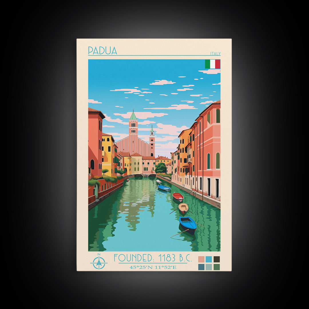 Padua Italy Travel Poster Framed Canvas Print, Midcentury Modern Art, Pop Art Wall Decor, Scenic Bedroom Art, Office Decoration