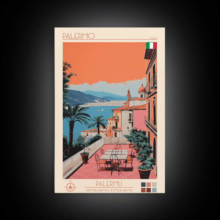 Palermo Italy Travel Poster Framed Canvas Print, Midcentury Modern Art, Pop Art Wall Decor, Scenic Living Room Art, Bedroom Decor