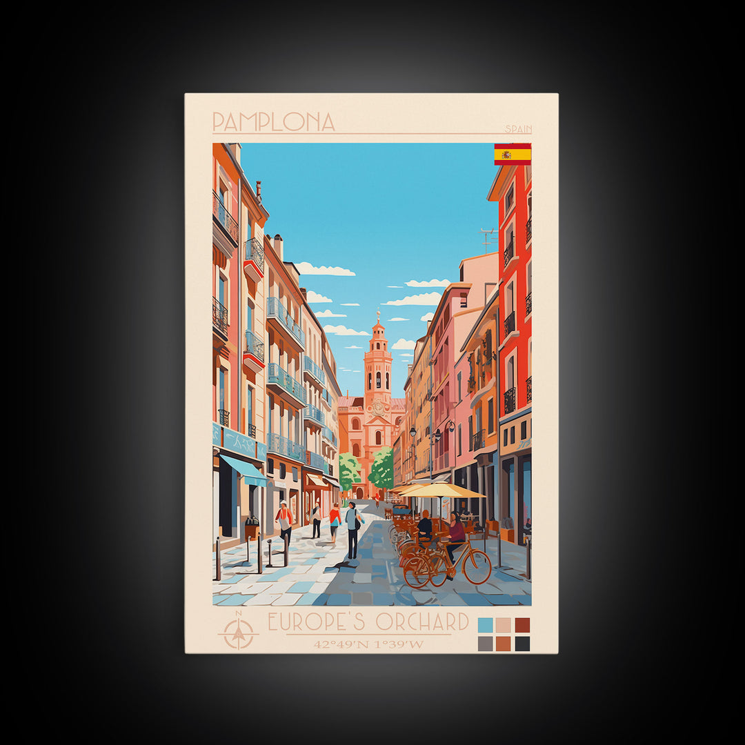 Pamplona Spain Travel Poster Framed Canvas Print, Midcentury Modern Art, Pop Art Wall Decor, Home Decor, Vacation Gift, Office Art