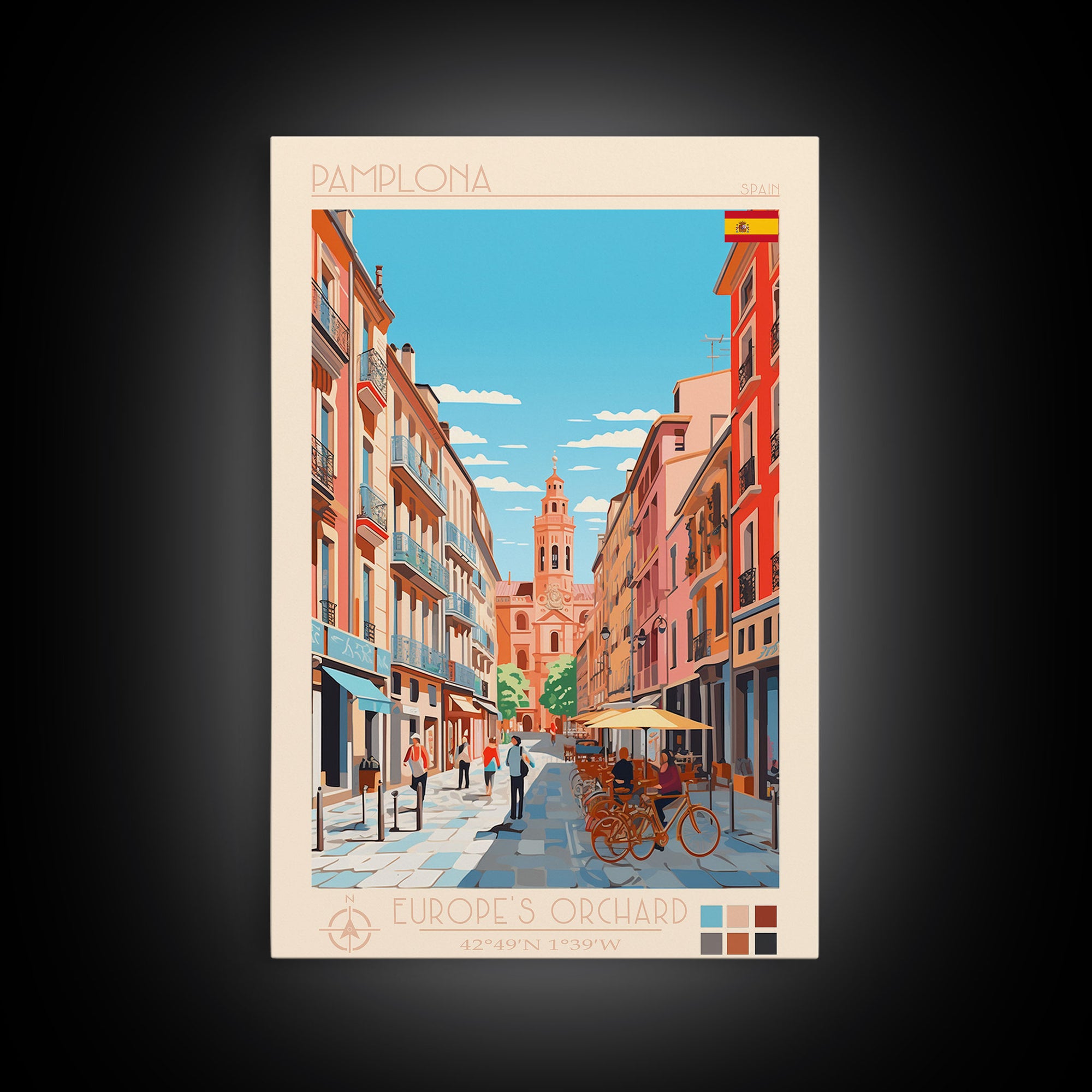 Pamplona Spain Travel Poster Framed Canvas Print, Midcentury Modern Art, Pop Art Wall Decor, Home Decor, Vacation Gift, Office Art