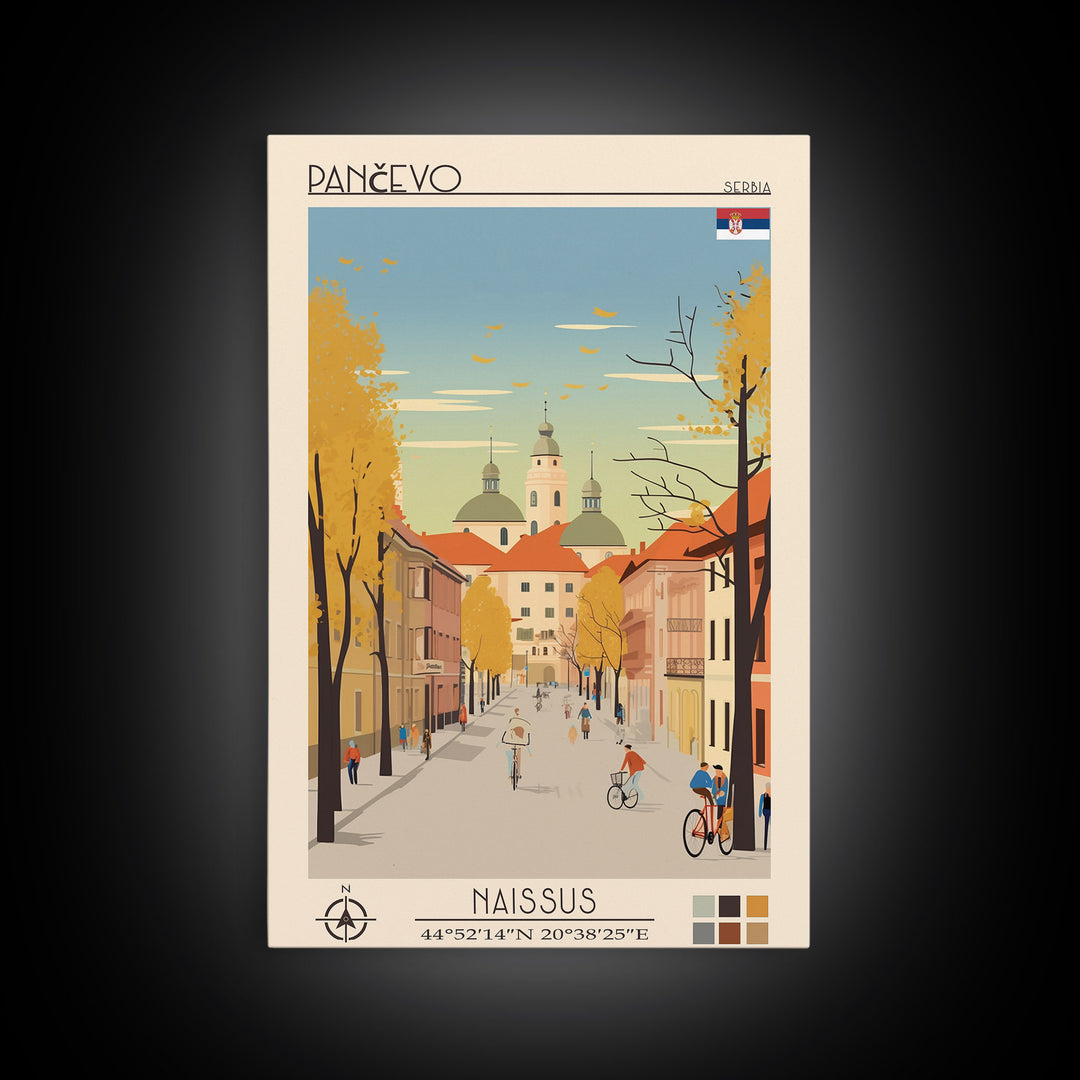 Pančevo Serbia Travel Poster Framed Canvas Print, Midcentury Modern Art, Pop Art Wall Decor, Scenic Wall Art, Living Room Decoration, Office Art