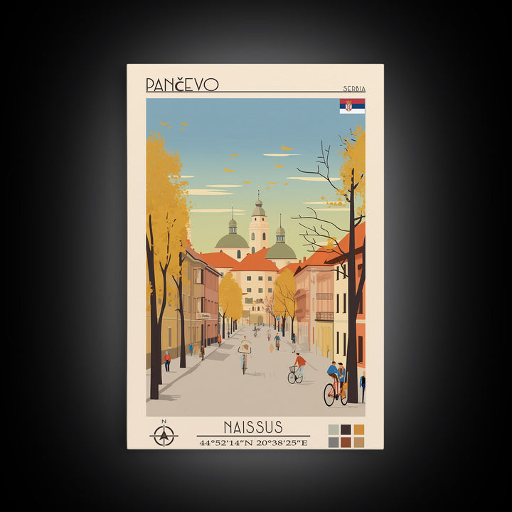 Pančevo Serbia Travel Poster Framed Canvas Print, Midcentury Modern Art, Pop Art Wall Decor, Scenic Wall Art, Living Room Decoration, Office Art