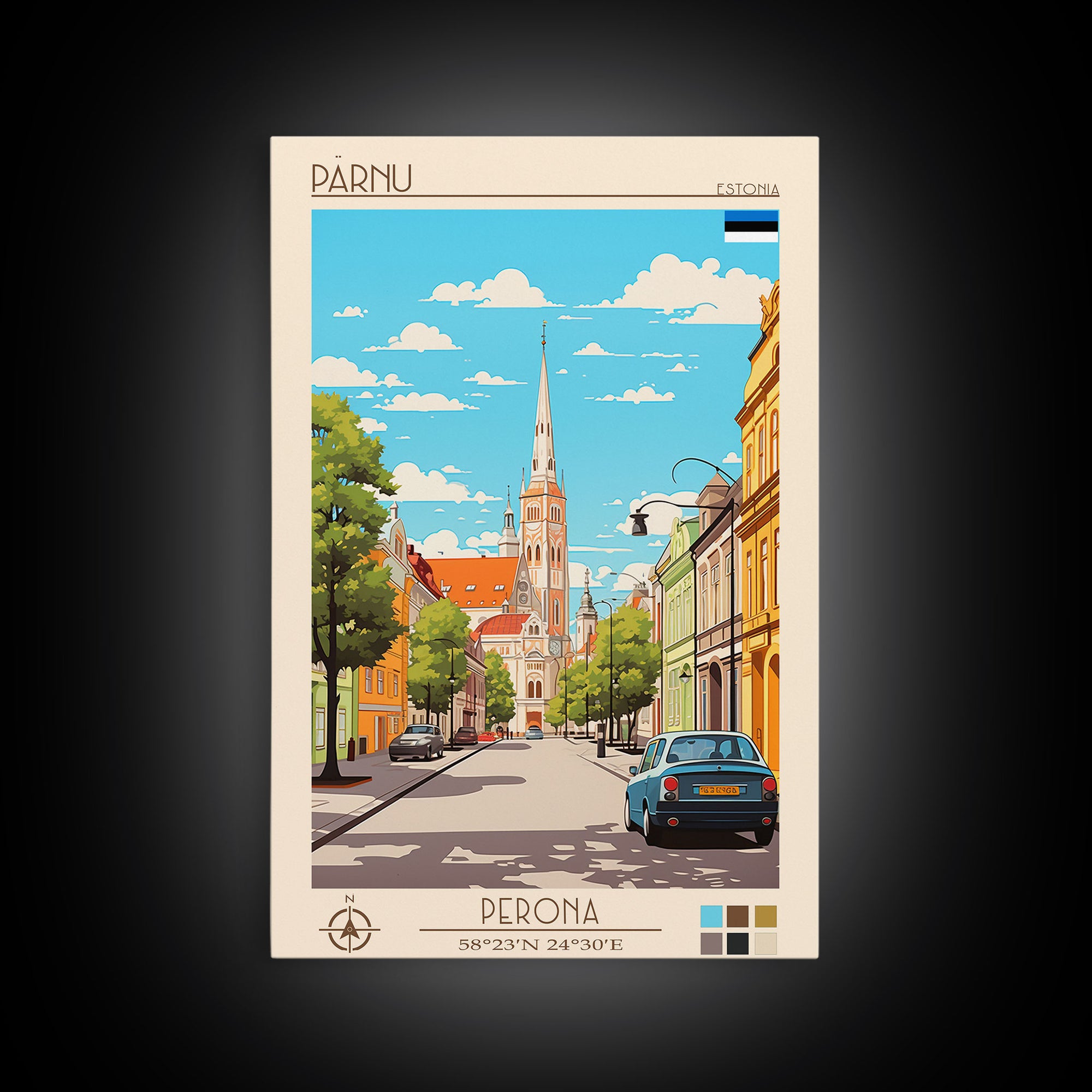 Pärnu Estonia Travel Poster Framed Canvas Print, Midcentury Modern Art, Pop Art Wall Decor, Scenic Wall Art, Bedroom Decoration