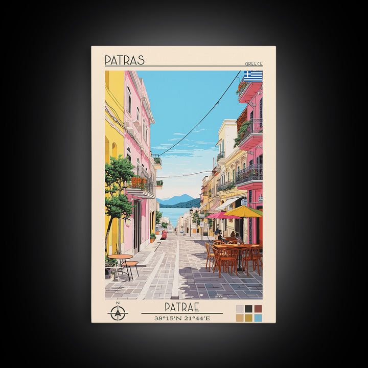 Patras Greece Travel Poster Framed Canvas Print, Midcentury Modern Art, Pop Art Wall Decor, Scenic Wall Art, Living Room Decoration, Office Art