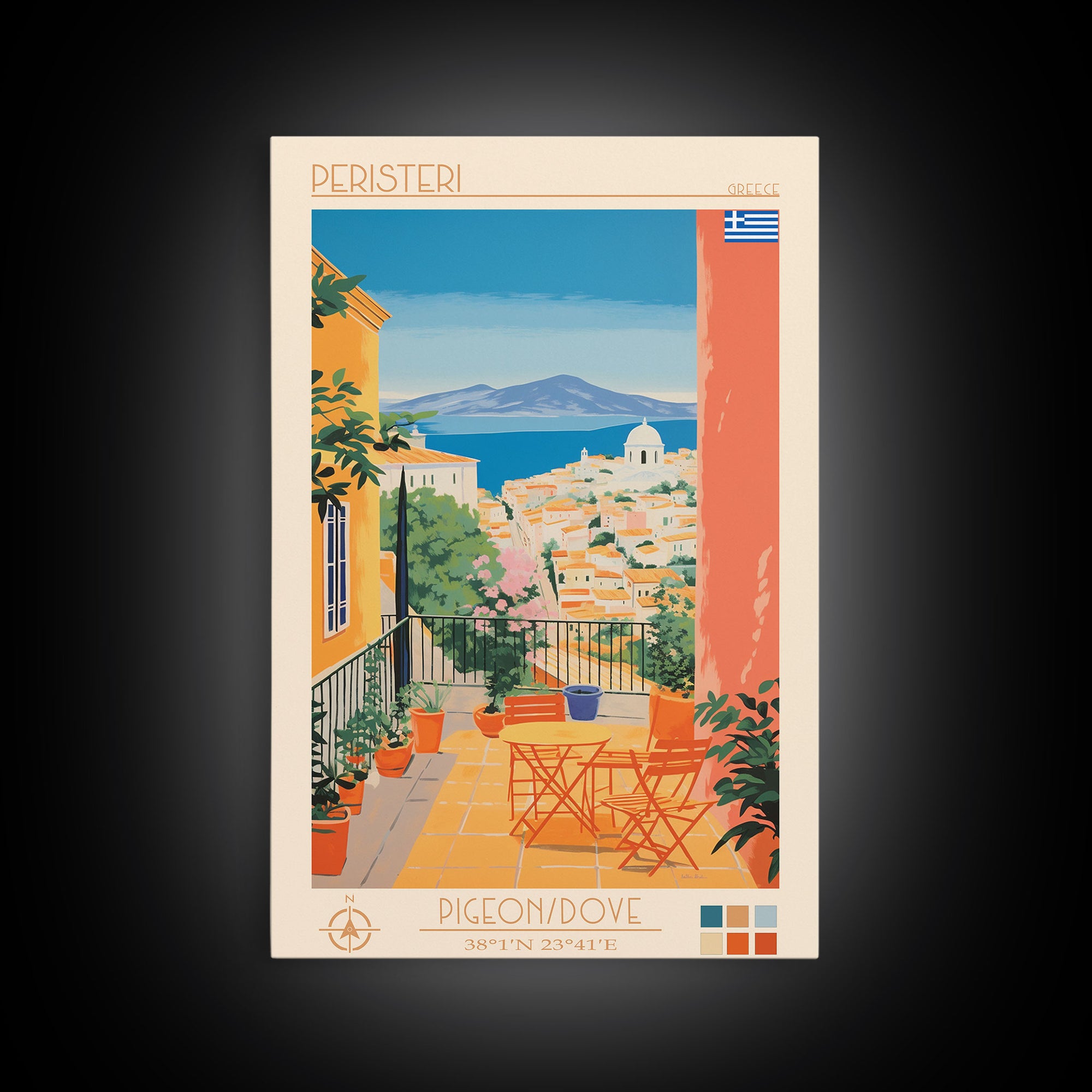Peristeri Greece Travel Poster Framed Canvas Print, Midcentury Modern Art, Pop Art Wall Decor, Scenic Bedroom Art, Office Decoration