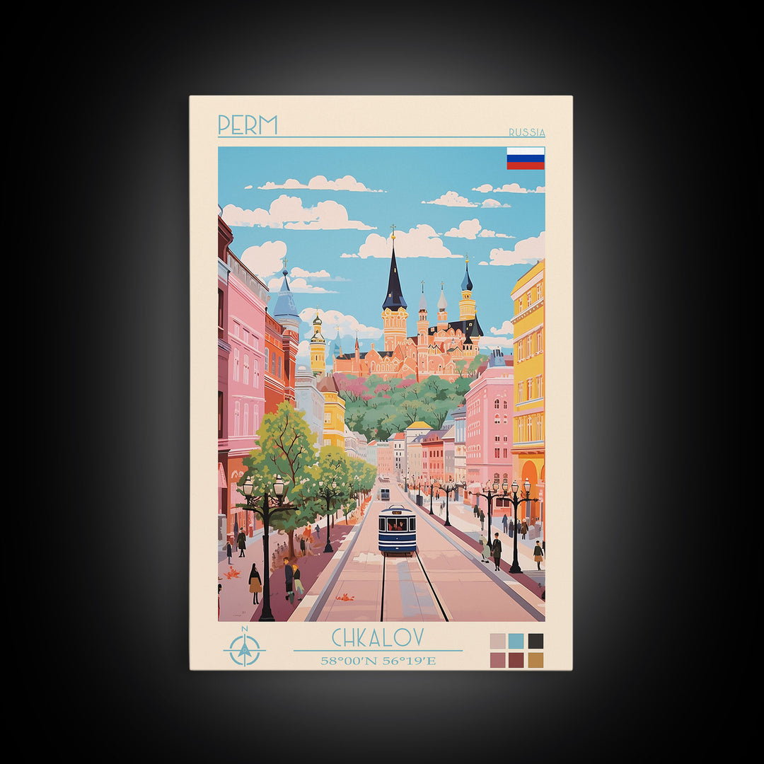 Perm Russia Travel Poster Framed Canvas Print, Midcentury Modern Art, Pop Art Wall Decor, Scenic Living Room Art, Bedroom Decor