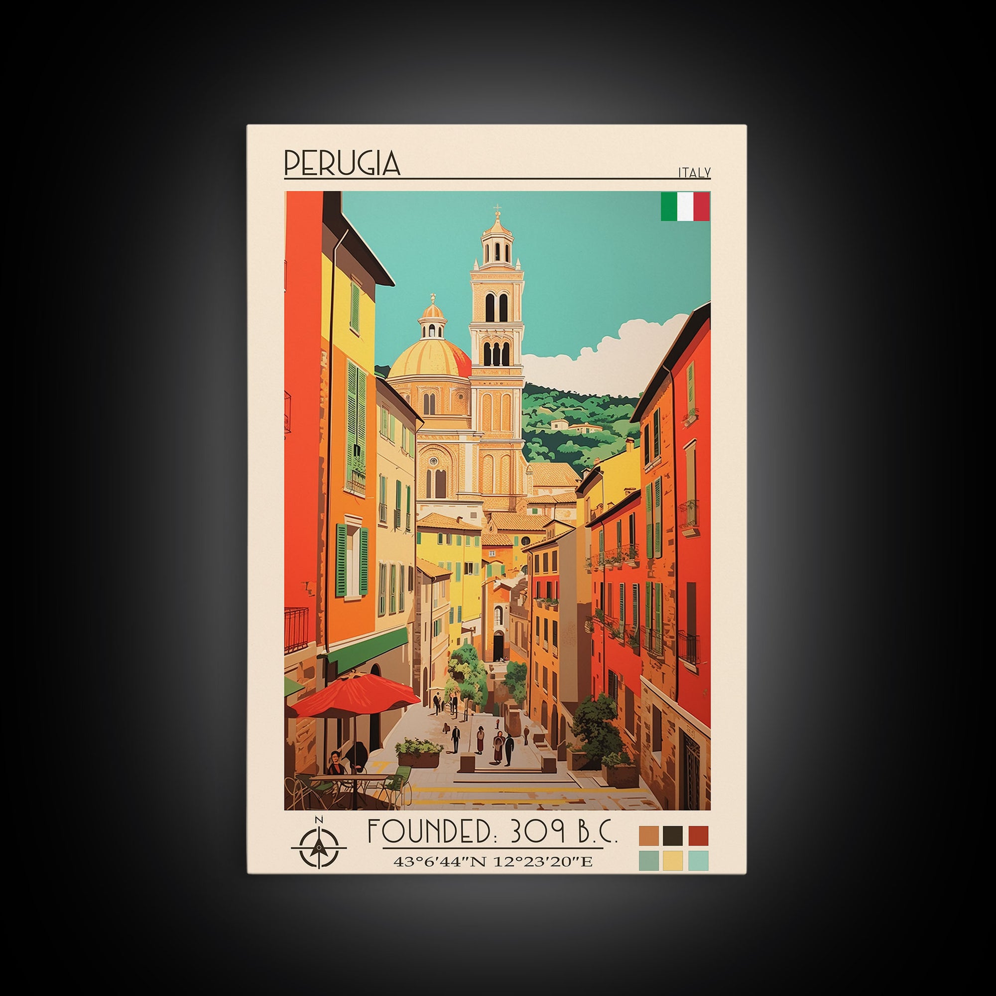 Perugia Italy Travel Poster Framed Canvas Print, Vintage Style, Pop Art Home Decor, Scenic Wall Art, Bedroom Decoration, Office Gift