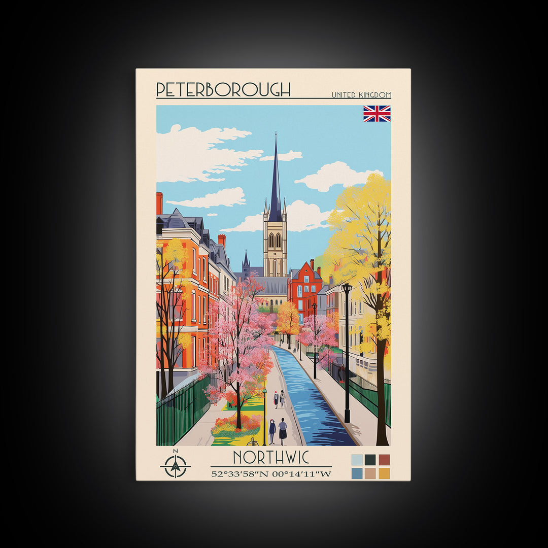 Peterborough United Kingdom Travel Poster Framed Canvas Print, Midcentury Modern Art, Pop Art Wall Decor, Home Decor, Vacation Gift, Office Art