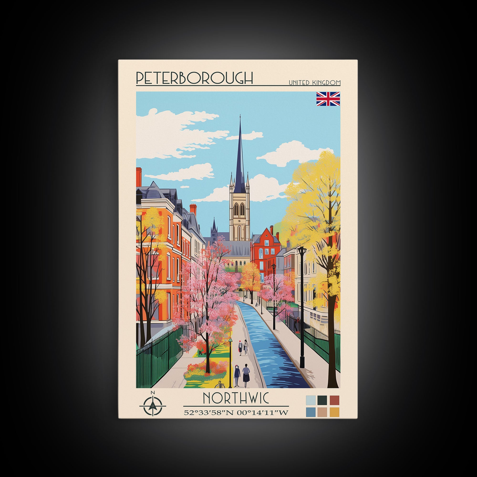 Peterborough United Kingdom Travel Poster Framed Canvas Print, Midcentury Modern Art, Pop Art Wall Decor, Home Decor, Vacation Gift, Office Art