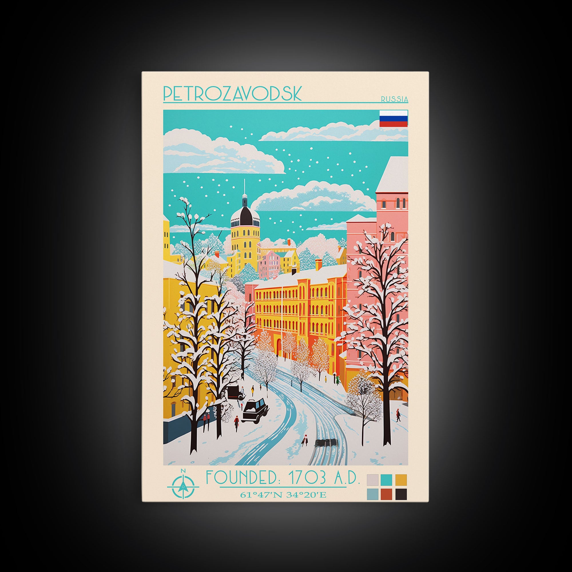 Petrozavodsk Russia Travel Poster Framed Canvas Print, Midcentury Modern Art, Pop Art Wall Decor, Scenic Living Room Art, Bedroom Gift