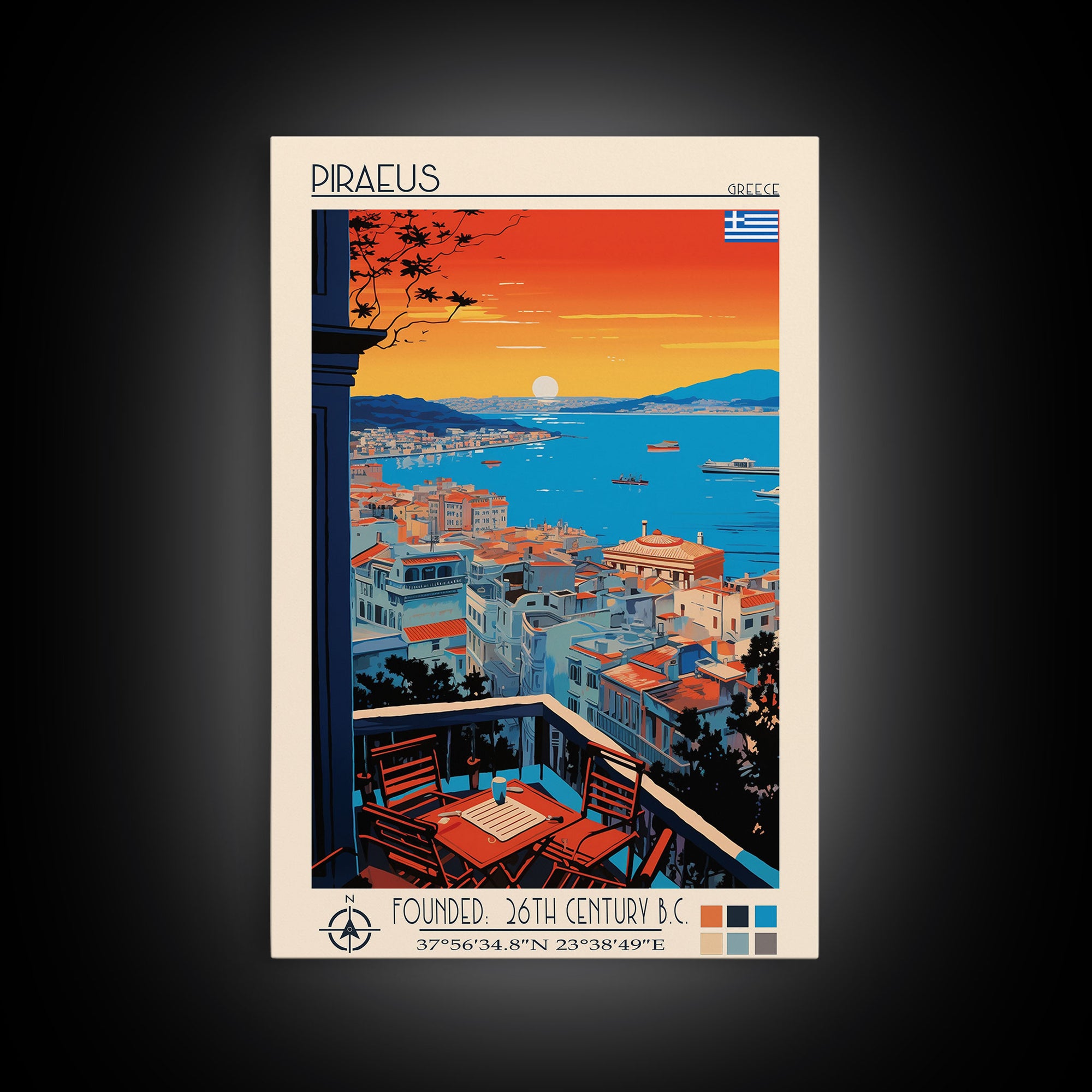 Piraeus Greece Travel Poster Framed Canvas Print, Midcentury Modern Art, Pop Art Wall Decor, Scenic Wall Art, Living Room Decoration, Office Art