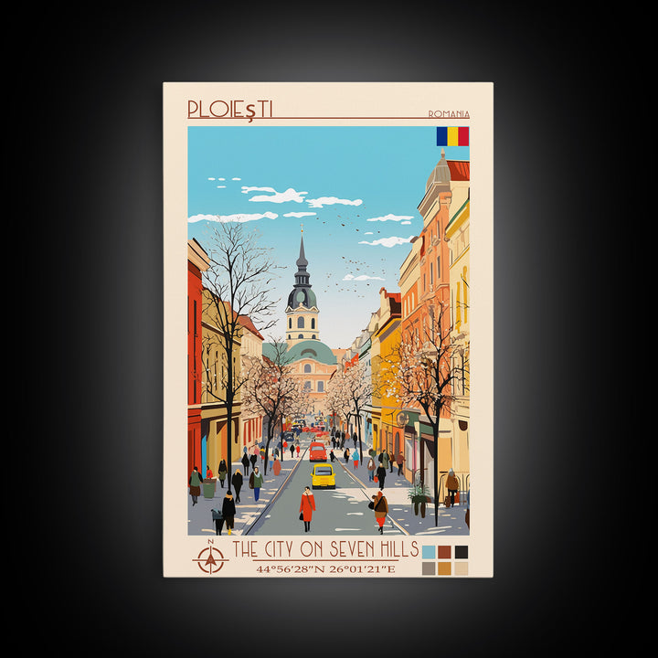 Ploiești Romania Travel Poster Framed Canvas Print, Midcentury Modern Art, Pop Art Wall Decor, Scenic Wall Art, Bedroom Decoration
