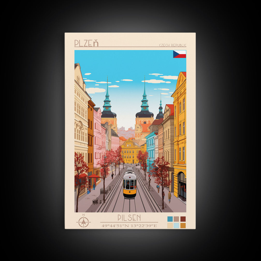 Plzeň Czech Republic Travel Poster Framed Canvas Print, Midcentury Modern Art, Pop Art Wall Decor, Scenic Living Room Art, Bedroom Decor