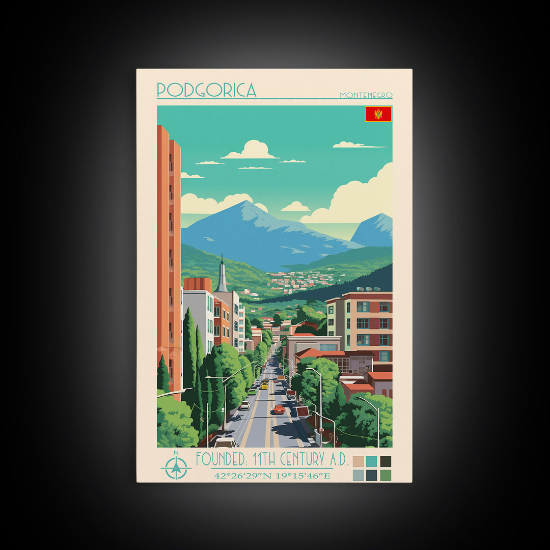 Podgorica Montenegro Travel Poster Framed Canvas Print, Vintage Style, Pop Art Home Decor, Scenic Wall Art, Bedroom Decoration, Office Gift