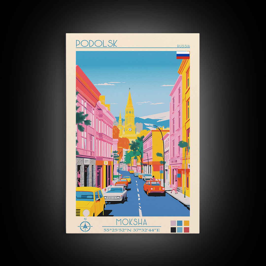 Podolsk Russia Travel Poster Framed Canvas Print, Midcentury Modern Art, Pop Art Wall Decor, Home Decor, Vacation Gift, Office Art