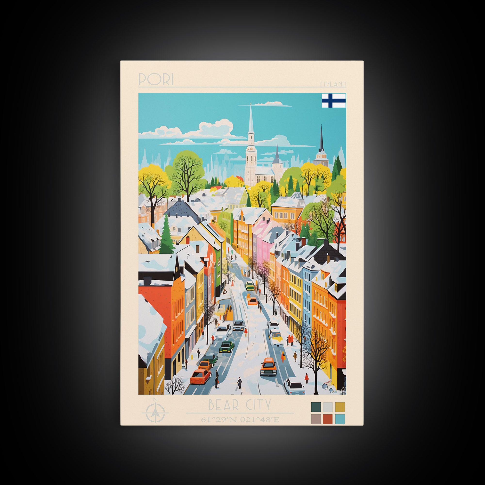 Pori Finland Travel Poster Framed Canvas Print, Midcentury Modern Art, Pop Art Wall Decor, Home Decor, Vacation Gift, Bedroom Art