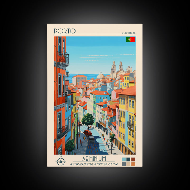 Porto Portugal Travel Poster Framed Canvas Print, Midcentury Modern Art, Pop Art Wall Decor, Scenic Wall Art, Living Room Decoration, Office Gift