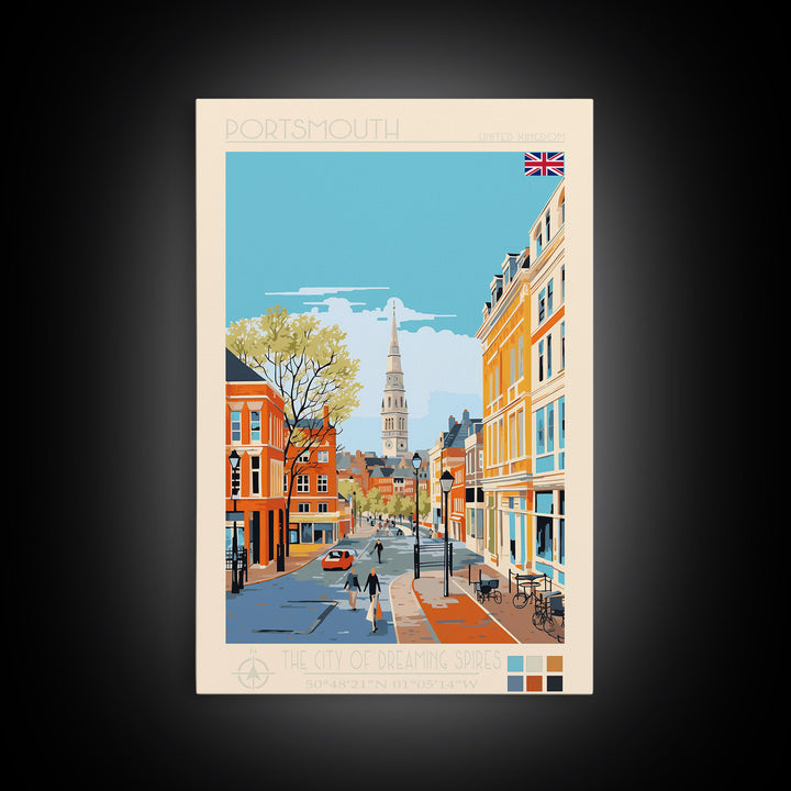 Portsmouth United Kingdom Travel Poster Framed Canvas Print, Midcentury Modern Art, Pop Art Wall Decor, Scenic Wall Art, Bedroom Decoration